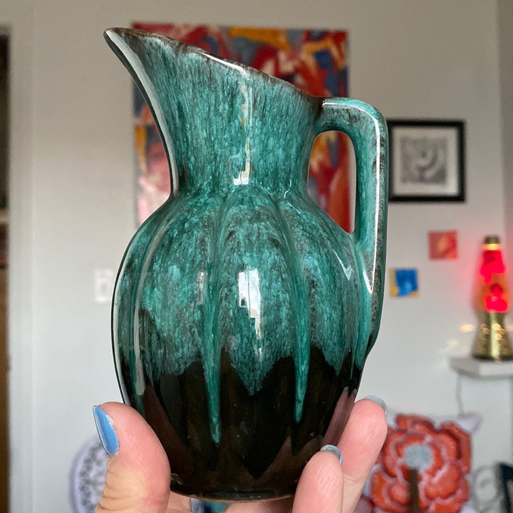 Vintage Small Blue Mountain Pottery Green Pitcher EUC